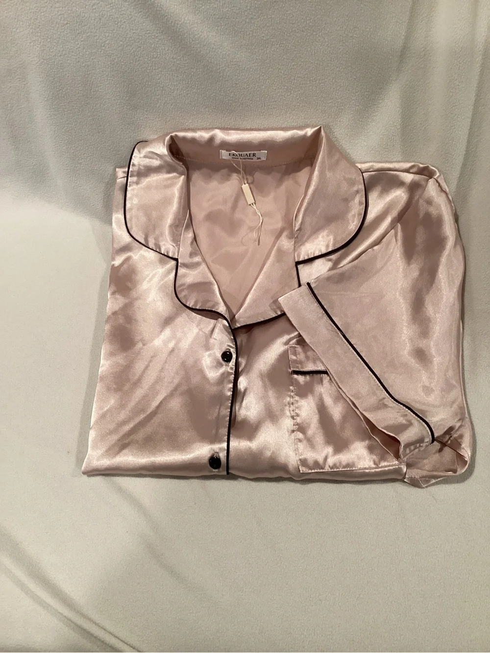 Silky Pink Short Sleeve Pajama Set with Black Piping